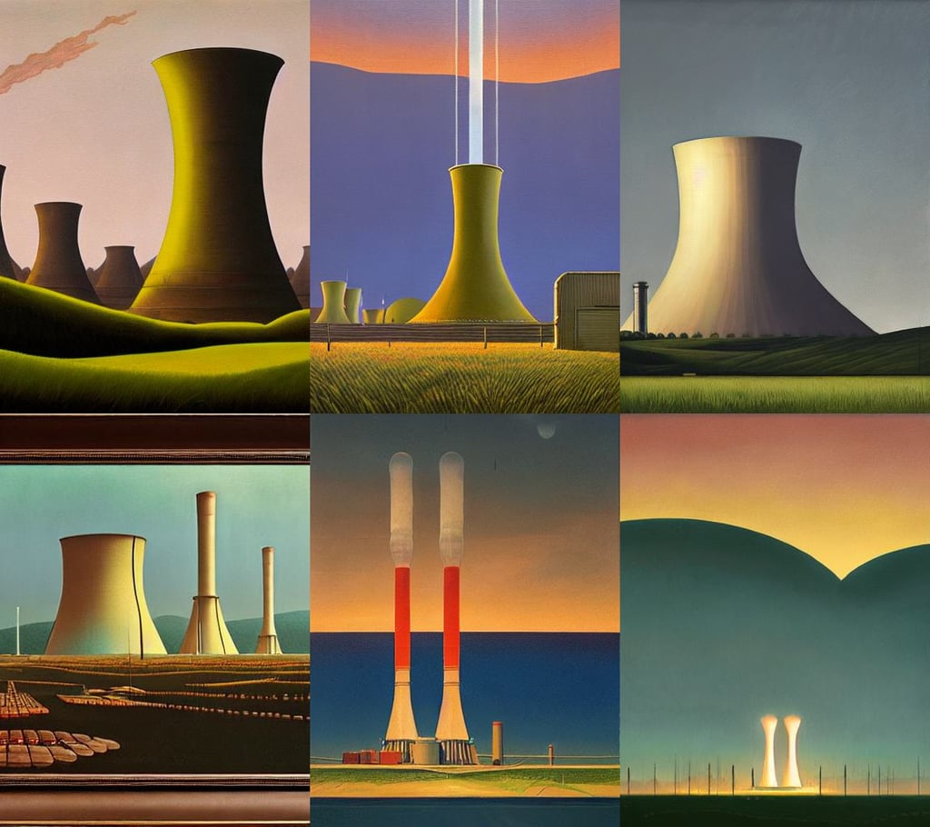 A nuclear power plant in utopia by Simon Stålenhag and Grant Wood, oil on canvas