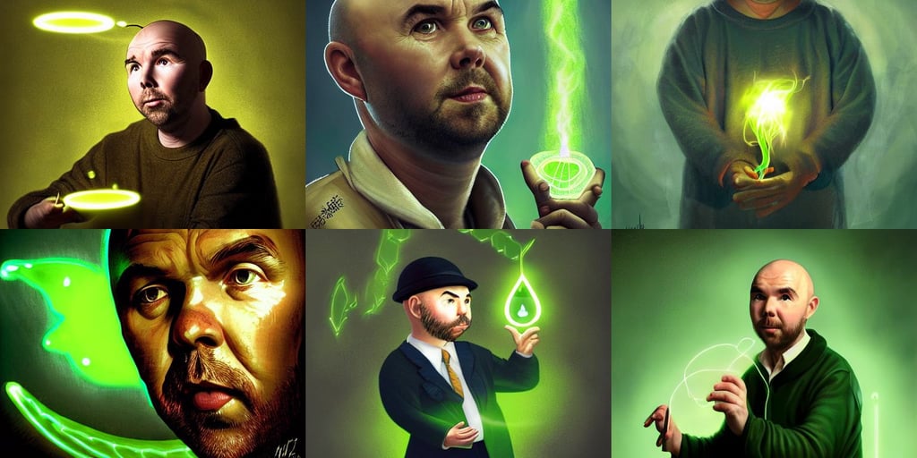 portrait of karl pilkington, casting a spell with glowing green energy, by wlop