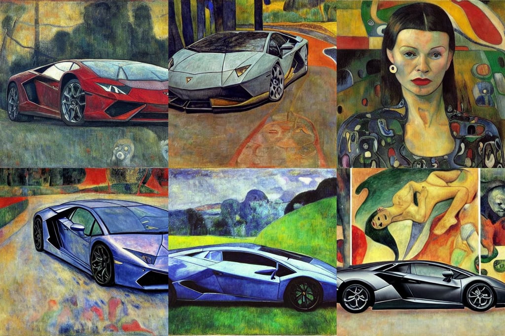 a Lamborghini designed by H. R. Giger, art by Paul Gauguin, art by Gustav Klimt, art by Joan Miró, forest, unreal engine, art by Jenny Saville, art by Andy Warhol, art by Edvard Munch, happy, photo, art by Eugène Delacroix, art by Tiziano Vecellio Di Gregorio, art by Andy Warhol