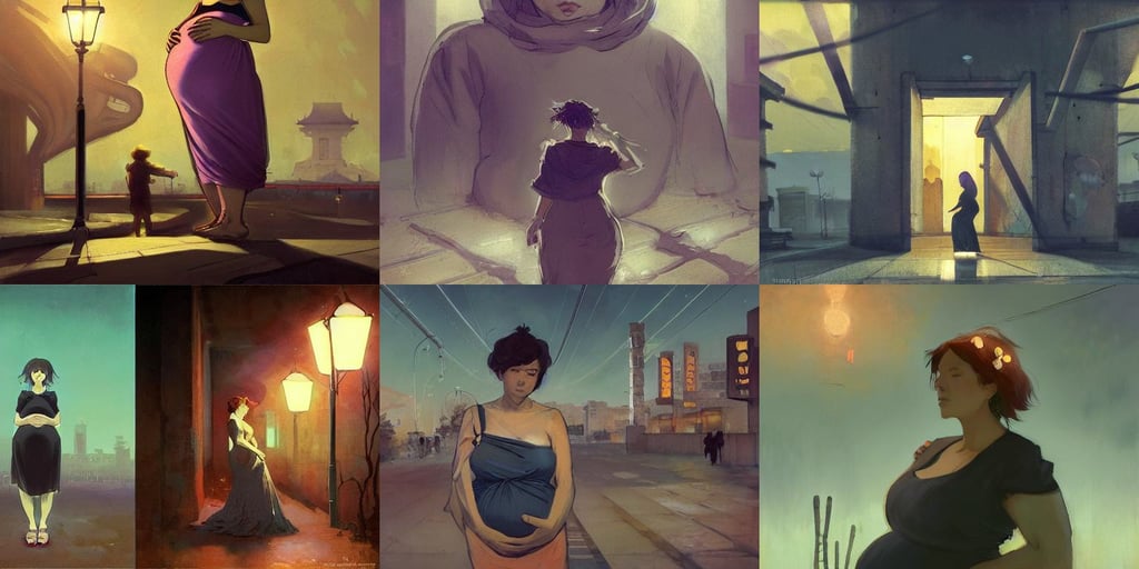 pregnant woman under street light, Ilya repin, symbolic metaphors evoking emotions, anime key visual full body portrait character concept art, simon stalenhag symmetrical, statues across the desert, wearing a muscle tee shirt, grimdark digital art, dark environment, fumefx, Artyom Turskyi, Flying Taxi, shopping mall, facing a giant doorway opening with a neon purple light, noir, art by zexi guo and nira and kafun and gharliera and rinotuna, stunning 3d render inspired art by István Sándorfi and Greg Rutkowski, black ponytail, key anime art, relaxed. Blue background