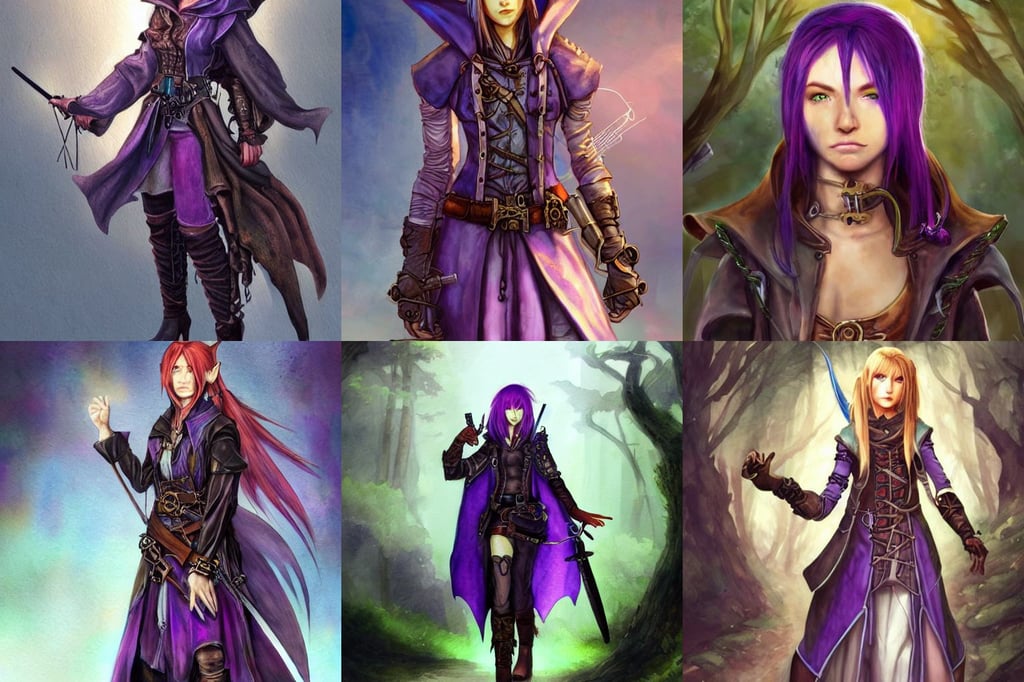 portrait of a hooded young female steampunk fighter, concept art equipment, Sephiroth as a male D&D Elf Ranger, hippie, full of glass in ravine, watercolor artstation, interesting lights, all shades of purple. Hair coloring, Brom, and gustave bauman, james dean, copper and emerald jewelry