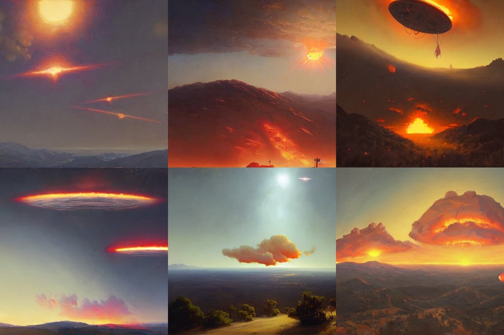 UFOs above Topanga Canyon, the sky is burning, by Greg Rutkowski, oil on canvas