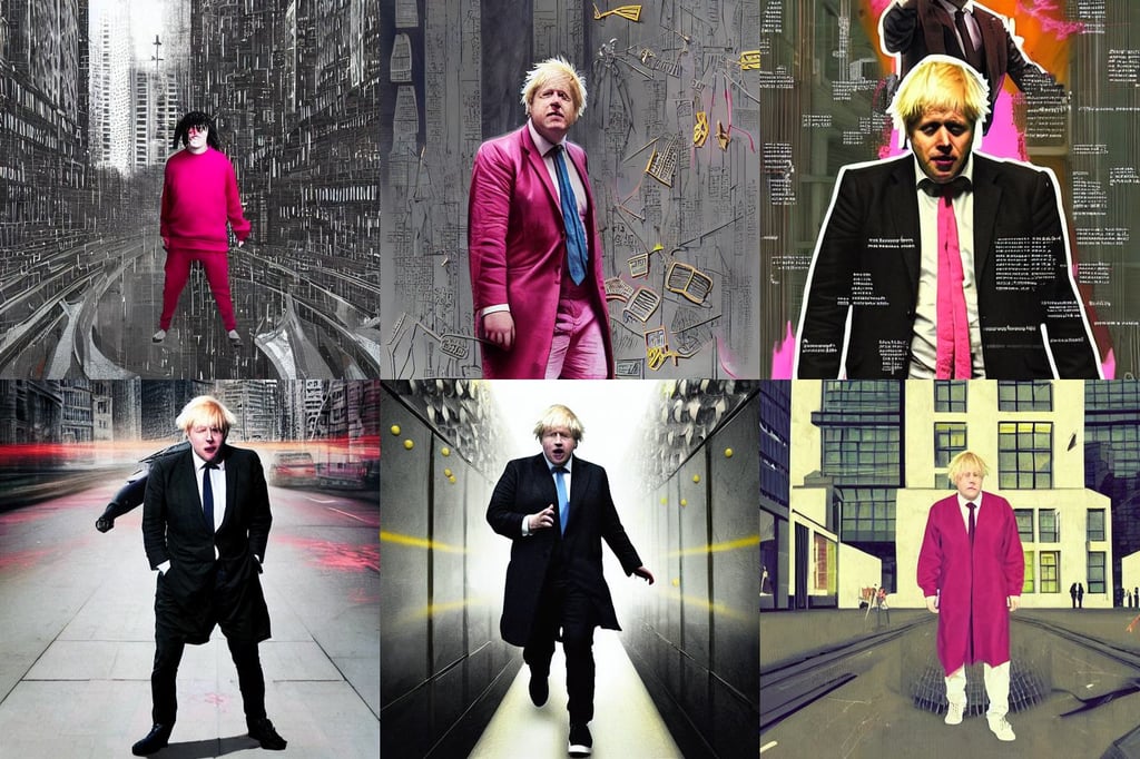 Boris Johnson as Neo from Matrix in shades stoping bullets, finely tuned detail, adishesha, dark cityscape, award winning concept art, modern contemporary urban americana concrete architecture, wearing a white sundress, supreme mathematics, young man in a pink sweatshirt, reds and yellows. A beautiful