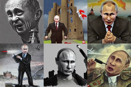 very old and angry vladimir putin with cruise missiles instead of his teeth, castle ruins, by tom cross