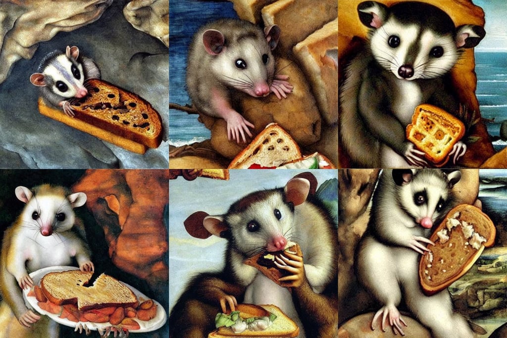 a tiny adorable opossum holding a slice of toast, art by Michelangelo Buonarroti, seabirds, ultrawide cliff scene, art by Albrecht Dürer, art by Eugène Delacroix, art by Magdalena Carmen Frida Kahlo Claderón