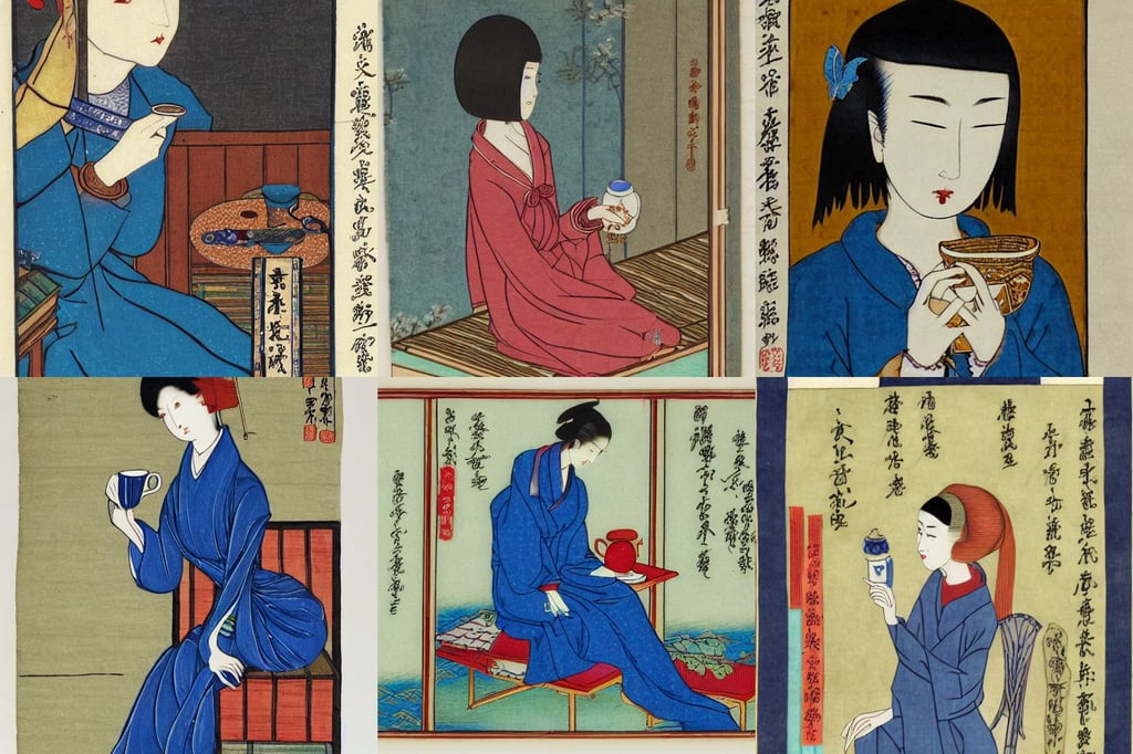 a woman in a blue dress with a tie around her neck, Vials, 256 colors, Ni Yuanlu and Toyohara Kunichika, style of illuminated manuscript, middle part haircut, mantid features, cyber world, WLOP, cuddled up by a windowsill sipping a mug of tea during sunset. dramatic lighting, lacivious pose, kawaii decora rainbowcore, Matt painting, by viktoria gavrilenko 3 d, triangles in background, art by rt by Mucha, farmland, naomi watts, animation character design by akira toriyama, from an otherworldy unknown undiscovered earth