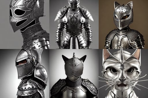 kneeling cat knight, portrait, finely detailed armor, intricate design, silver, silk, cinematic lighting, 4k