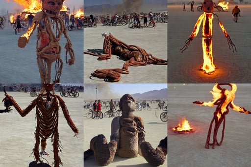 burning man effigy on fire, umbilical cord, photo