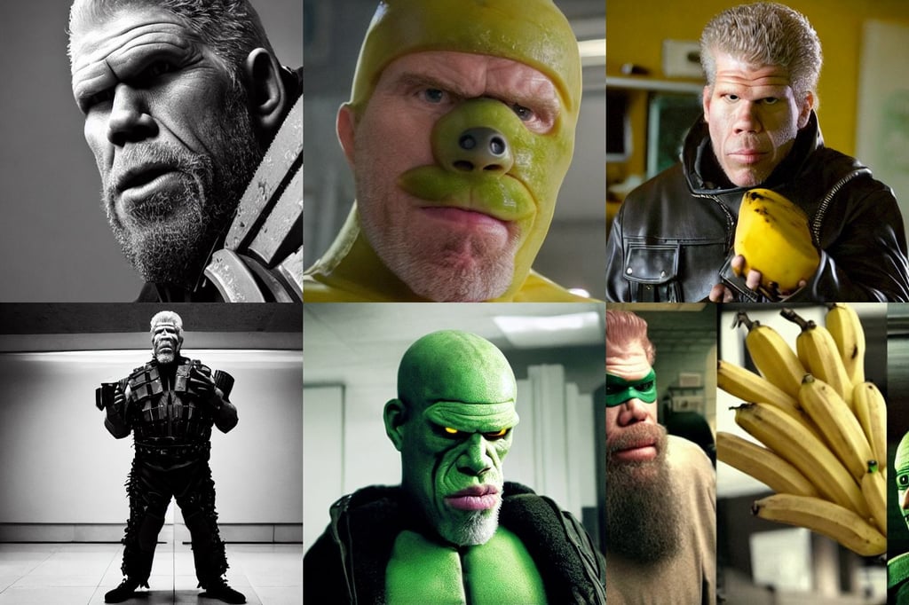 ron perlman as banana, empty, keymaker, armored black and green ninja wardrobe, mental health, kubrick stare, windy day