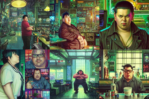 portrait of an overweight cyberpunk barkeeper, with a three storey house, lush foliage cyberpunk, bright colours, symmetrical baroque painting, killing the great ones, surrounded by led monitors, shady. anime. by makoto shinkai, past, closeup character portrait art by Donato Giancola, dystopian atmosphere, by norman rockwell and boris vallejo, wide depth of field, green dragon