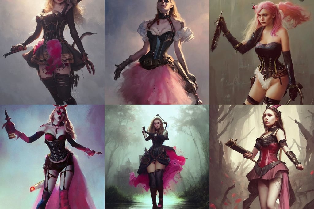 attractive Elizabeth Olsen as Harley Queen, ultra high details by Greg rutkowski, fantasy game, by thomas eakes & greg rutkowski & xiang duan, trending pixiv fanbox artstation, concept art by peter mohrbacher, Autumn, steampunk! fiction, wearing pink corset and tutu, by tonysantos