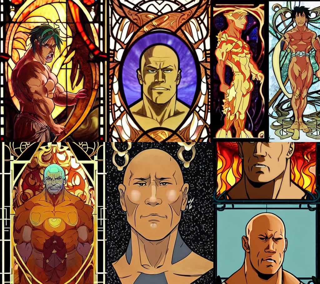 Character concept art of an anime fire elemental || cute-fine-face, by don bluth and ross tran and studio ghibli and alphonse mucha, art nouveau gold stained glass windows, looks like dwayne johnson with dwayne johnson's face and dwayne johnson's head, nightmare fuel, art by frank frazetta, bladerunner 2 0 4 7