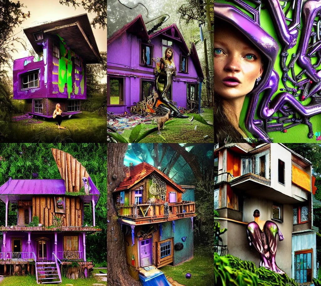 beautiful house made from junkyard scrap parts, she is hallucinating seeing violet frogs, face of kate moss, ernst fuchs and artgerm. trending on artstation