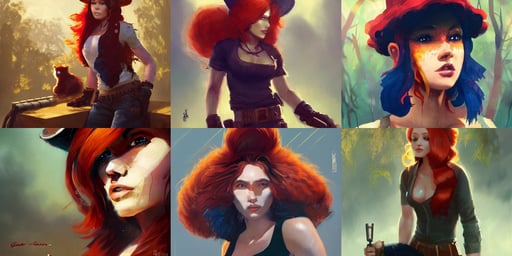 female bounty hunter with and voluminous hair, red hair girl and red panda. by greg rutkowski, pork pie hat, golden hour, tree full of life, waist up, ultra beautiful face, art by chloe schmid, glowing red and blue eyes