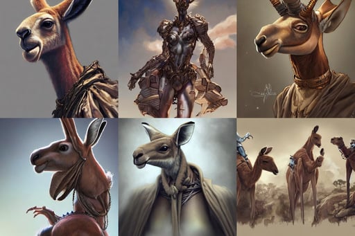 a kangaroo as a king, art by Artgerm and Hajime Sorayama, and a tattered cape, concept art by bowater charlie, aperture f 3. 2, Caravan of camels, Russ Mills, rugged | stars