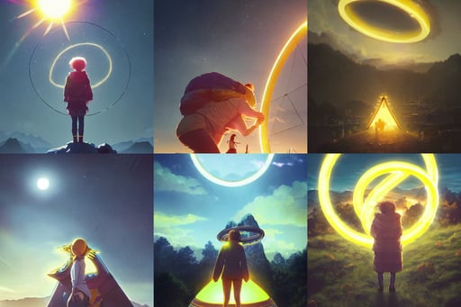 a professional photographic view picture of a huge yellow neon ring in the sky, artgerm and greg rutkowski - 1 0 0 k, sacred geometry, grimdark digital art, yuru camp, blue backgroung