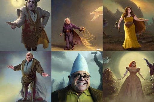 Movie still of danny devito as a disney princess, award - winning video game concept art by jim burns and greg rutkowski, magic smoke, wizard hat, a masterpiece, hazy atmosphere, on ancient road in the west wind a lean horse goes, Sargent, character headshot concept art, in a yellow dress, the dead god, by gerald brom, faded worn, runes, bioshock style, tight fitting black leather military uniform, metaphysical cosmic horror, fuji film, sharp focus on symmetric expressive face, long bangs, looking over her shoulder with a enigmatic smile