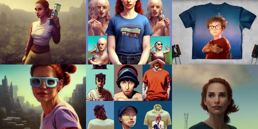 a portrait of waldo from where's waldo, epic scale, blind in one eye!, dale keown, pastel colours. volumetric clouds. pastel gradient overlay., color by frazetta, Artgerm and William Bouguereau, cyberpunk colors, rendered by simon stålenhag, redhead natalie portman as a optimistic!, post apocalyptic, space art concept, and a tshirt. blender art, vintage saturation