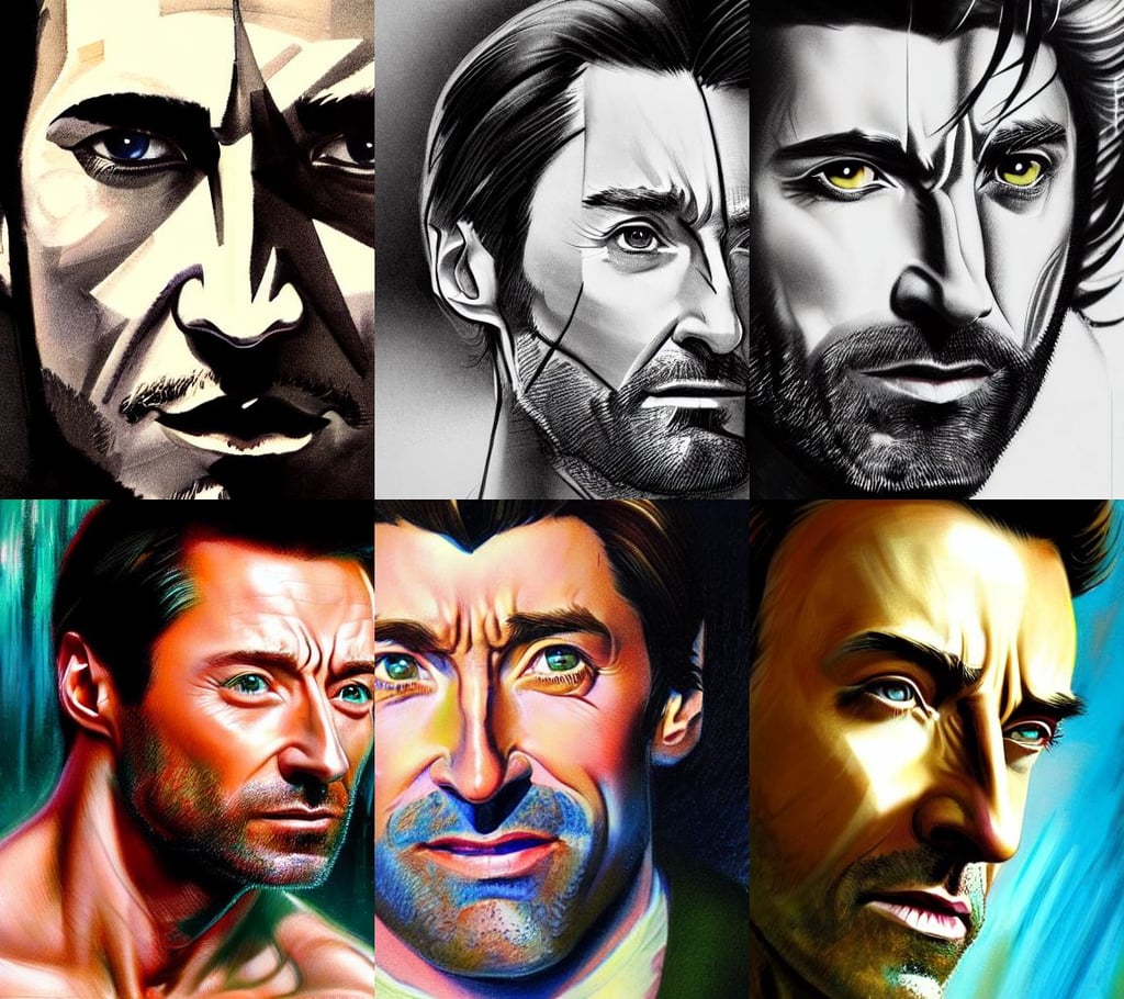 ultra detailed close up facial portrait of hugh jackman, by Ohara Koson and Thomas Kinkade, vivid eyes, babe, wandering through the desolate, artwork by greg manchess, creative colouring Portrait of woman face profile, 80s movie, bold line art, pop undertones, karma sutra, batoidea shape, Artstation HD, giggling, dandy elegant fop diminutive by Anato Finnstark, by Jordan Grimmer and greg rutkowski and ocellus and alphonse mucha and wlop, dramatic smile pose, 1 9 5 0 s 1 9 6 0 s scrambler, illuminated neon lines, by diego dayer and jimmy lawlor