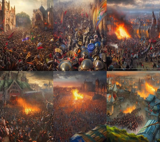 middle ages, festival attacked by bandits, sun lit, colorful, birds eye view, realistic skin, realistic hair, realistic fabric, leather fabric, canvas fabric, wide shot, zoomed out, fire, emergency, subsurface scattering, art by ruan jia , art by jc leyendecker, Fantasy art, realistic proportions, highly detailed, 4k, 8k, digital painting, artstation, concept art, smooth, sharp focus, photograph, wide angle lens