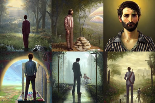 an anthropomorphic beautiful male tycoon portrait wearing striped pajamas, painting oil on canvas by ryan church and Edmund Blair Leighton, dreamy illustration, specular reflection, amazing artwork, epic view of Hummus in Syria in destruction, by beeple and johfra bosschart, the last of us, uniform teeth, Vials, futuristic persian palace, graveyard background, ethereal rainbow nimbus, esao andrews