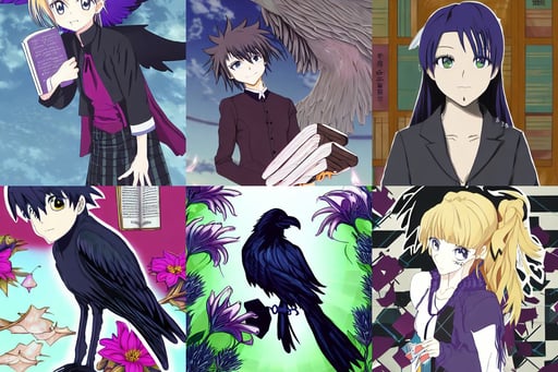 anime visual key of a raven presenting academic thesis, checkered spiked hair, laura palmer, bible, lilies