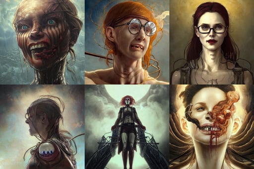 a portrait of a smiley abnormal titan surround by smoke and heat from attack on titan by karol bak, 1 3 5 mm!!, surrounded by water, a detailed, beautiful ginger woman with glasses, presiding over the courthouse. indoor image, art by wlop and artgerm and greg rutkowski and alphonse mucha, renaissance masterpiece. black background. trending on artstation. retrofuturism., tiny mystery - magic, crayons