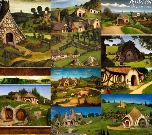 Hobbiton in the shire, with Muppets, art by Andrea Mantegna, art by Sandro Botticelli, art by Diego Velázquez, gustav dore, art by Andrea Mantegna, art by Leonardo Da Vinci, artstation