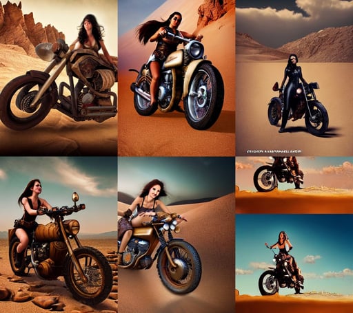 cinematic mid shot of an adventurer girl riding a steampunk motorcycle on in a desert with rocks, photo of the year, edited by olga shvartsur, Sargent, photo-realistic, albert aublet, by Dang My Linh