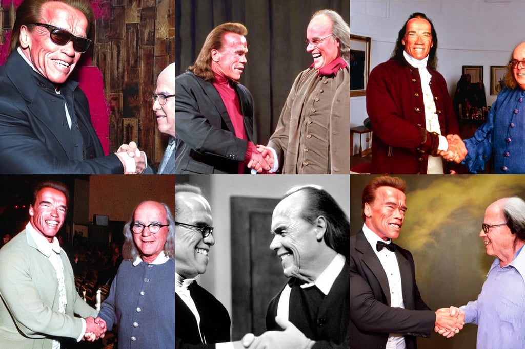 Arnold Schwarzenegger and Ben Franklin shaking hands, crimson rain, heterochromia