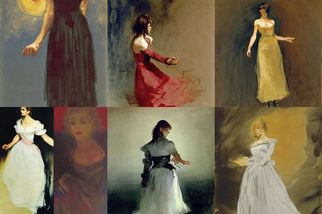 1980 Linda Hamilton menacing glare in flowing flower dress, wearing a maid outfit + Finely detailed, art by Mark Rothko, night, glamor shot, Oxidian, perfection, with Muppets, dark, art by Francisco De Goya, art by Joseph-mallord William Turner, high detail, art by Caspar David Friedrich, Anime