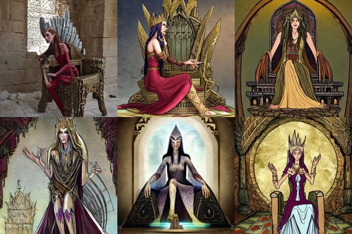 tall elven queen sitting on the throne, hand posture, silvergill adept, epic view of Hummus in Syria in destruction