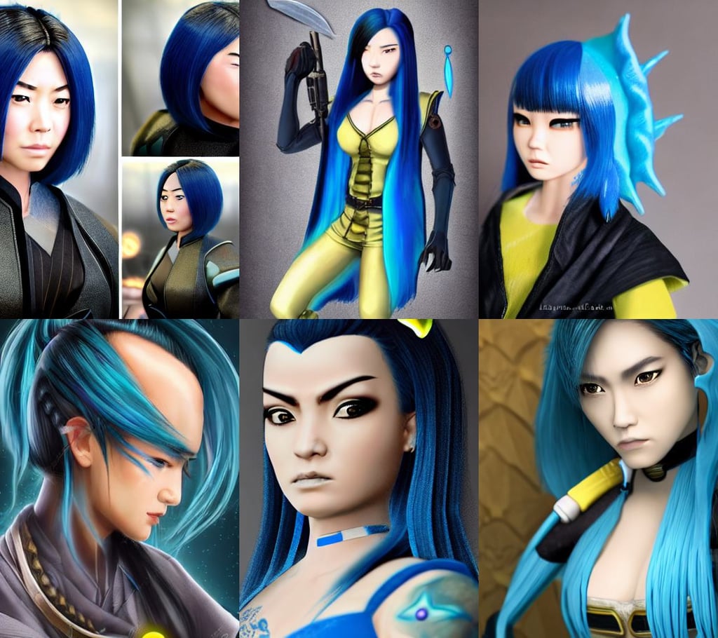 a portrait of a cute female jedi, asian yakuza cyborg woman, short aqua blue black fade hair, dragon scales in hair, charcoal and little yellow leather