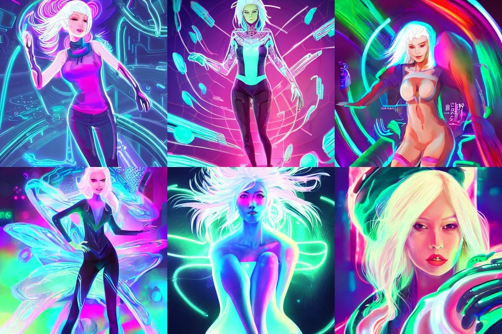 fullbody!! of a beautiful woman with white hair, by stanley lau, rossdraws, quantum processor, alien base, modern design, vivid neon colours, fashion