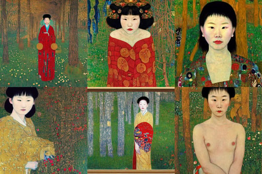 young Chinese wild woman with rolled eyes, Animation ..., American Craftsman Architecture, halo of light in the head, red oil, art by Gustav Klimt, overgrown forest