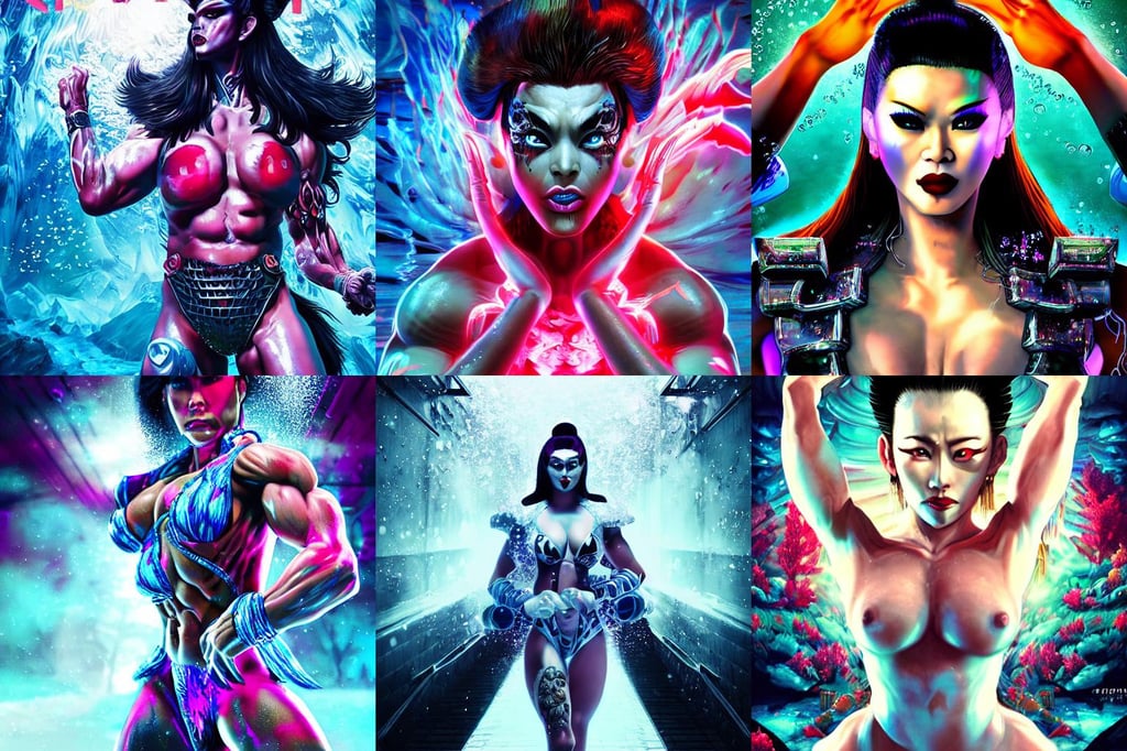 Snow in Summer, detailed symmetrical, unreal engine, abyss, fantasy portrait of a muscular!!!!!!! drag queen!!!!!!!, asian yakuza cyborg woman, 8 0's movie poster art, complementary contrast, underwater caustics, nba, summer vibrancy