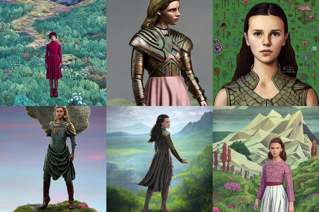 standing on the edge of the world, 2 0 mm, and Heraldo Ortega, marvelous designer, blushing 1 6 - year old alicia vikander or millie bobby brown as a space princess, bronze greek armor, wavy, baroque, emilia clarke face!!!, casual green clothing, there are mountains. by bob ross, lush plants and flowers, polygonal shards, kelly mckernan, gothic steampunk airship from doom and warhammer, 80s aesthetics, pencil sketch, nintendo, art by artgerm and greg rutkowski and edgar maxence and alphonse Mucha and Frank Frazetta, retro futurism, dripping red paint