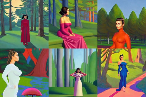 Kim Kardashian as Padmé Amidala, art by Edward Hopper, forest with symmetrical trees in the background, voronoi pattern, art by Edward Hopper, quality render style of Masamune Shirow and Tsuaii, spitting acid, wet slimy, colorful