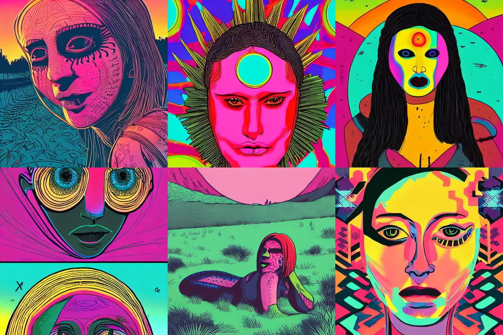 trent reznor glowing eyes, average woman, art by Asaf Hanuka, text, plate, tribal mask and jewelry, audrey plaza, laying down in the grass at sunset!!!!!! in a valley, by rutkowski and artgerm, brutalist liminal architecture, vibrant saturated colors Lisa Frank color scheme, typical, glowing pink eyes, smooth technology, modern architecture, Baroque, by kelly mckernan, berlin 1 9 4 5, hard brush, intricate detailed environment. ( el dia los muertos )