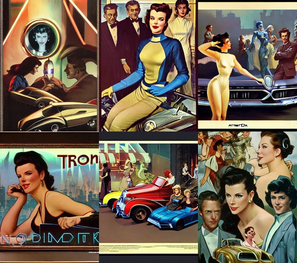 a car advertisement from 1 9 5 0's, tron details, kate beckinsale, artgerm and j. dickenson, wired mechanical head, by krenz cushart and artem demura and william adolph bouguereau and alphonse mucha, surrounded by people, art by rodney matthews, gold mask, RPG Portrait, cinematic sci - fi scene. dieselpunk inspired flight suit, action shot, fae, low horizon, barclay shaw, irridescent, googly eyes