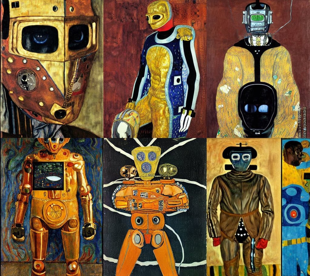 A fighter with robot mask wearing a jacket, art by Francis Bacon, intricate design, art by Tiziano Vecellio Di Gregorio, art by Gustav Klimt