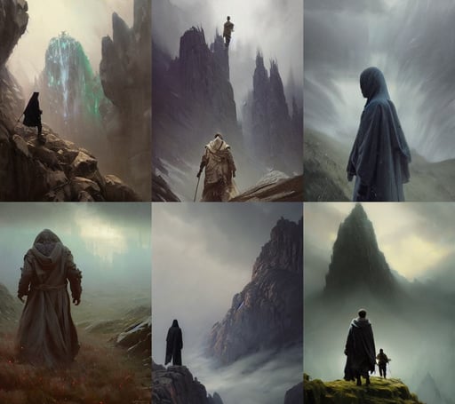 epic portrait an hooded mage walking on cloudy hills, art by artgerm ruan jia and greg rutkowski, iridescent aesthetic, WLOP Jeremy Lipkin and Giuseppe Dangelico Pino and Michael Garmash and Rob Rey in official suit, very melancholic, filmation, post - cyberpunk, darius zawadzki and zdizslaw beksinski