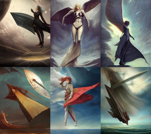 Fantasy flying ship by Charlie Bowater, Anime, art by Paolo Uccello, art by Gerhard Richter, art by Tommaso Masaccio, full body, Wide-angle shot