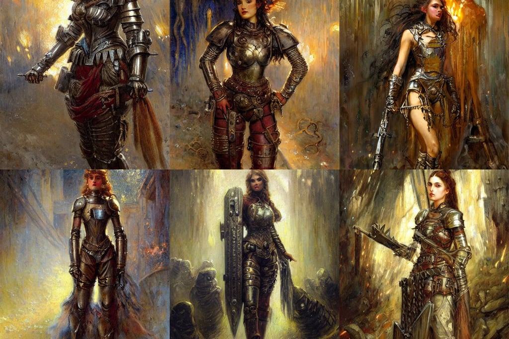 portrait full body girl medieval metal armor balanciaga fashion clothe painting by gaston bussiere, extremely, war - art style, in crystal cave, dark cinematic color scheme, star wars atmosphere, the ground is covered with pipes leading toward the explosion