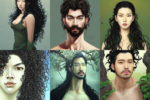 illustration of a handsome!! man with long black curly hair + tan skin + anchor goatee, best selling artist pixiv, painting oil on canvas by artgerm and jihun lee, vdragan bibin, oil painting by alex katz, detailed photo realistic gorgeous face turning into a tree, she looks like an asian princess with beautiful green eyes, black armor