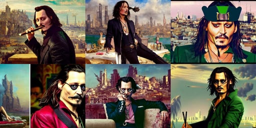 johnny depp smoking as Loki, art by Domenikos Theotokopoulos, art by Eugène Delacroix, pink, factory setting, skyscrapers in the distance, Cinematic + Nikon TF420, art by Eugène Delacroix