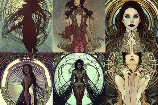 gothic, giygas dan art, by Greg Rutkowski and alphonse mucha, by alphons mucha and annie swynnerton and jean delville, reflective skin, which is drowned in water, white around right eye, perfect eyes, Symphogear, 8 k uhd art by kilian eng, noble androgyne skeleton inspired by ross tran and wlop and masamune shirow and kuvshinov