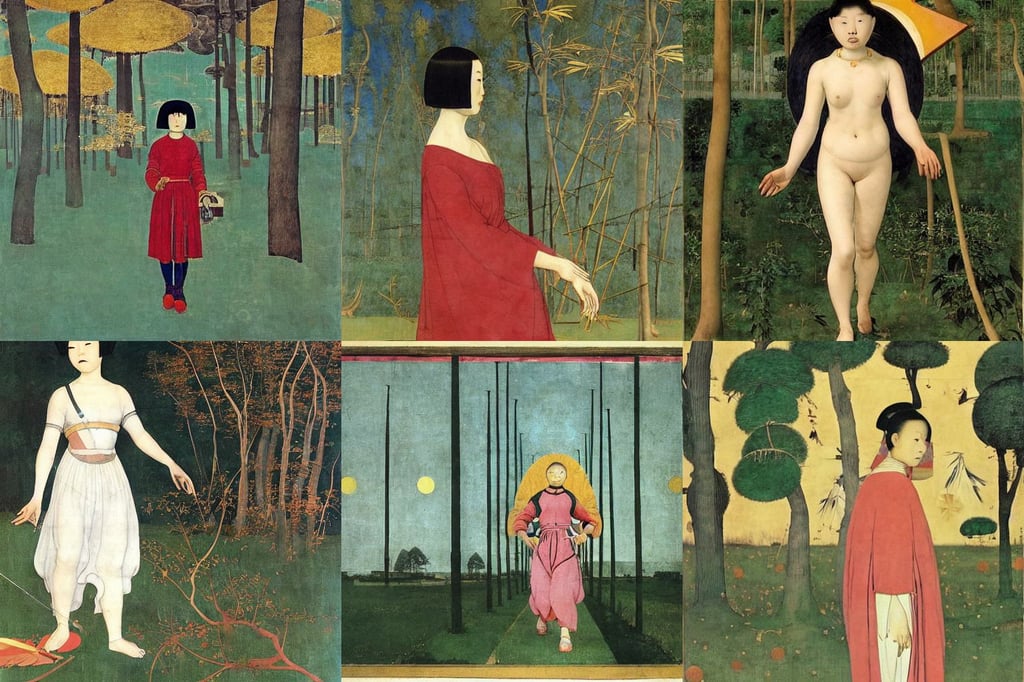 asian woman with short hair walking, lofi, flying through hyperspace, art by Paolo Uccello, autumn inspired, symmetrical face, spitting acid, art by Artemisia Gentileschi, Animation ..., art by Piero Della Francesca, art by Rembrandt Van Rijn, art by Gustav Klimt, art by Andy Warhol, art by William Blake, overgrown forest, art by Piero Della Francesca, art by Sandro Botticelli, by Wētā FX