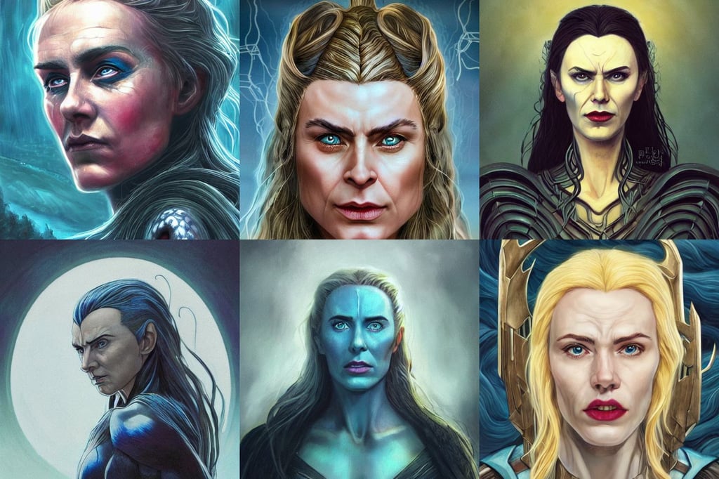 'face portrait of hela from norse mythology, Kai Carpenter, happy hobbit eating, by john jude palencar, Blond hair, rocky mountain environment, accurate depiction, unsplash, art by artgerm and michael welan, brown body, short wavy hair, blue - eyes, swirling blue energy in a brass metallic lattice frame. Fantasy concept art, futuristic 1990s contemporary art, Alice Russell Glenny, beautiful makeup, ireland, intricate futuristic led jewelry, concern