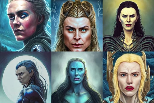 'face portrait of hela from norse mythology, Kai Carpenter, happy hobbit eating, by john jude palencar, Blond hair, rocky mountain environment, accurate depiction, unsplash, art by artgerm and michael welan, brown body, short wavy hair, blue - eyes, swirling blue energy in a brass metallic lattice frame. Fantasy concept art, futuristic 1990s contemporary art, Alice Russell Glenny, beautiful makeup, ireland, intricate futuristic led jewelry, concern